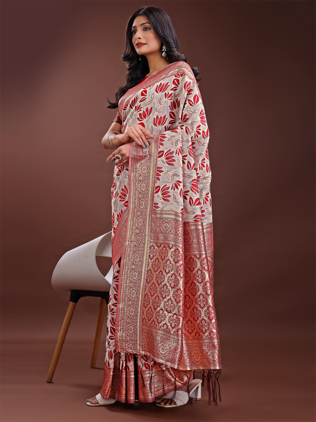 Shree Shyam Fashion Stunning Beige & Red Linen Saree with Floral Print and Rich Zari Pallu - Festive & Traditional Wear