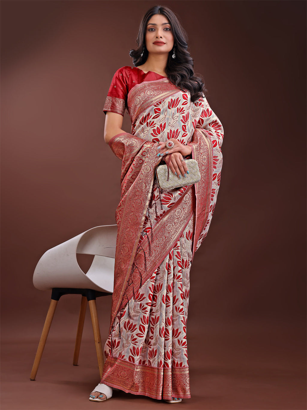 Shree Shyam Fashion Stunning Beige & Red Linen Saree with Floral Print and Rich Zari Pallu - Festive & Traditional Wear