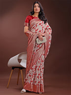 Shree Shyam Fashion Stunning Beige & Red Linen Saree with Floral Print and Rich Zari Pallu - Festive & Traditional Wear