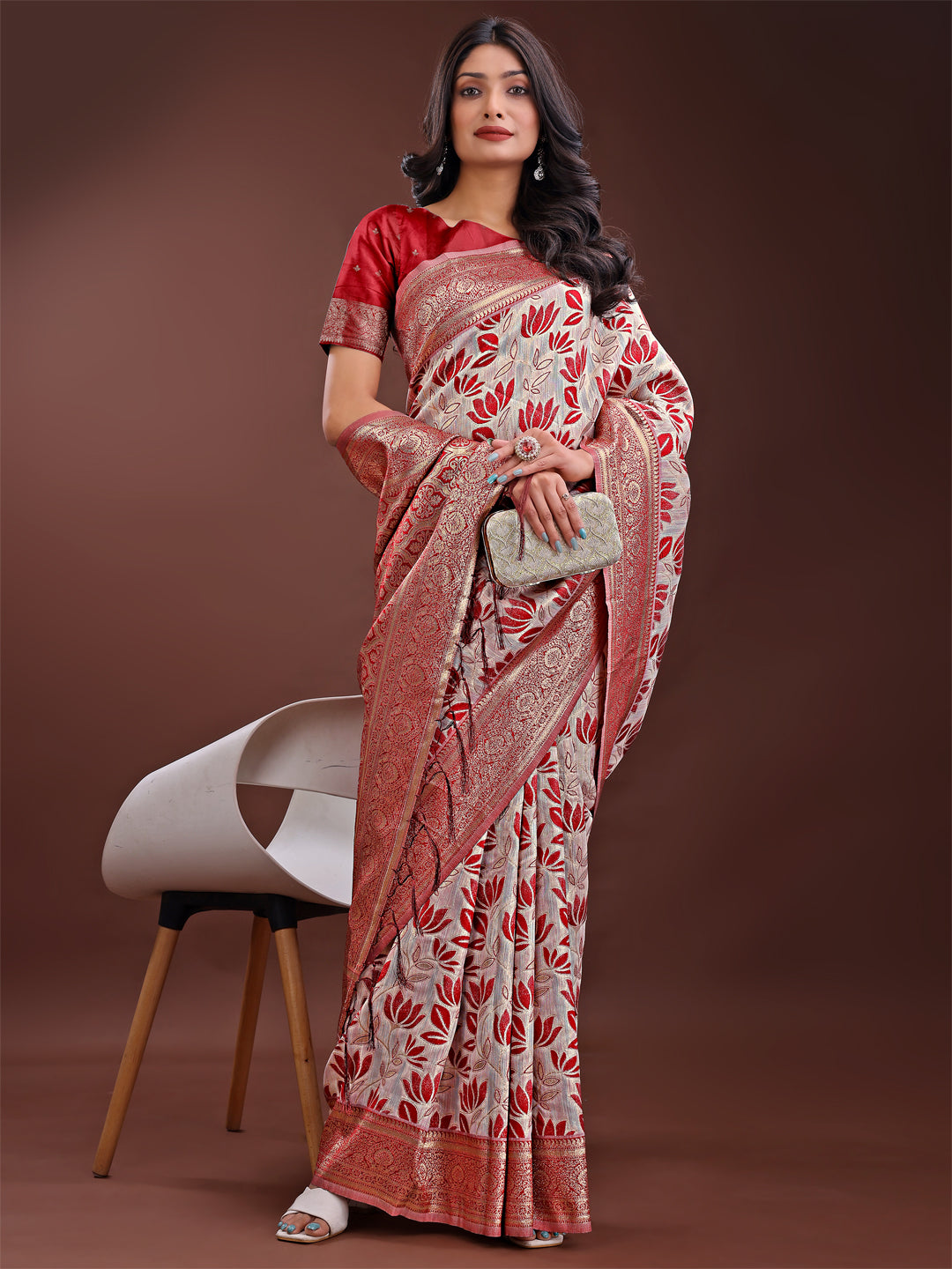 Shree Shyam Fashion Stunning Beige & Red Linen Saree with Floral Print and Rich Zari Pallu - Festive & Traditional Wear