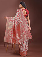 Shree Shyam Fashion Stunning Beige & Red Linen Saree with Floral Print and Rich Zari Pallu - Festive & Traditional Wear