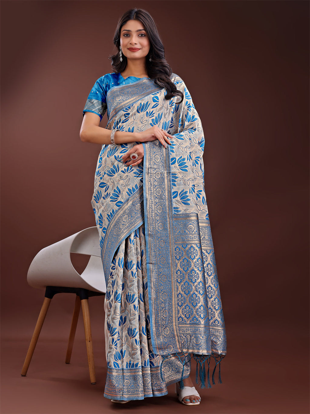 Shree Shyam Fashion Stunning Beige & Red Linen Saree with Floral Print and Rich Zari Pallu - Festive & Traditional Wear