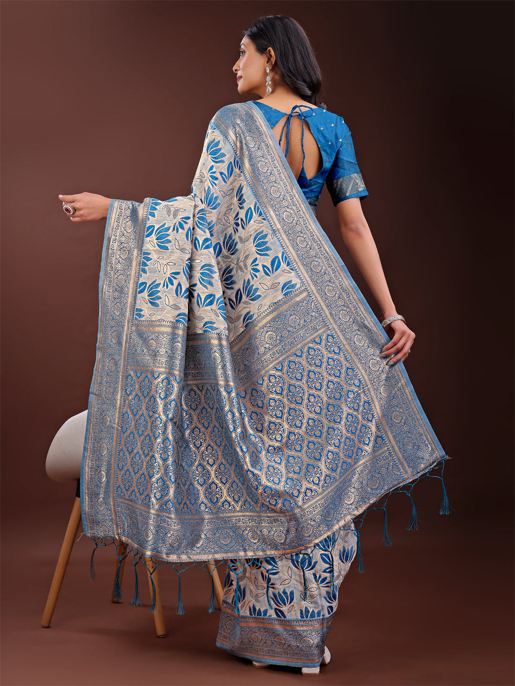 Shree Shyam Fashion Stunning Beige & Red Linen Saree with Floral Print and Rich Zari Pallu - Festive & Traditional Wear