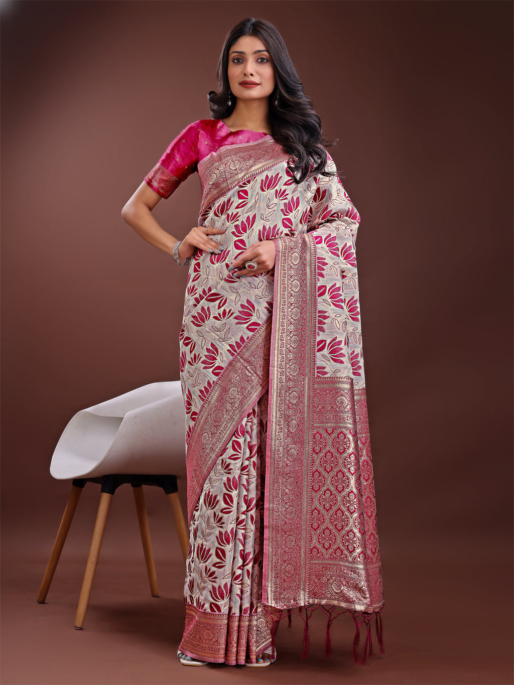 Shree Shyam Fashion Stunning Beige & Purple Linen Saree with Floral Print and Rich Zari Pallu - Festive & Traditional Wear