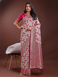 Shree Shyam Fashion Stunning Beige & Purple Linen Saree with Floral Print and Rich Zari Pallu - Festive & Traditional Wear
