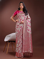 Shree Shyam Fashion Stunning Beige & Purple Linen Saree with Floral Print and Rich Zari Pallu - Festive & Traditional Wear