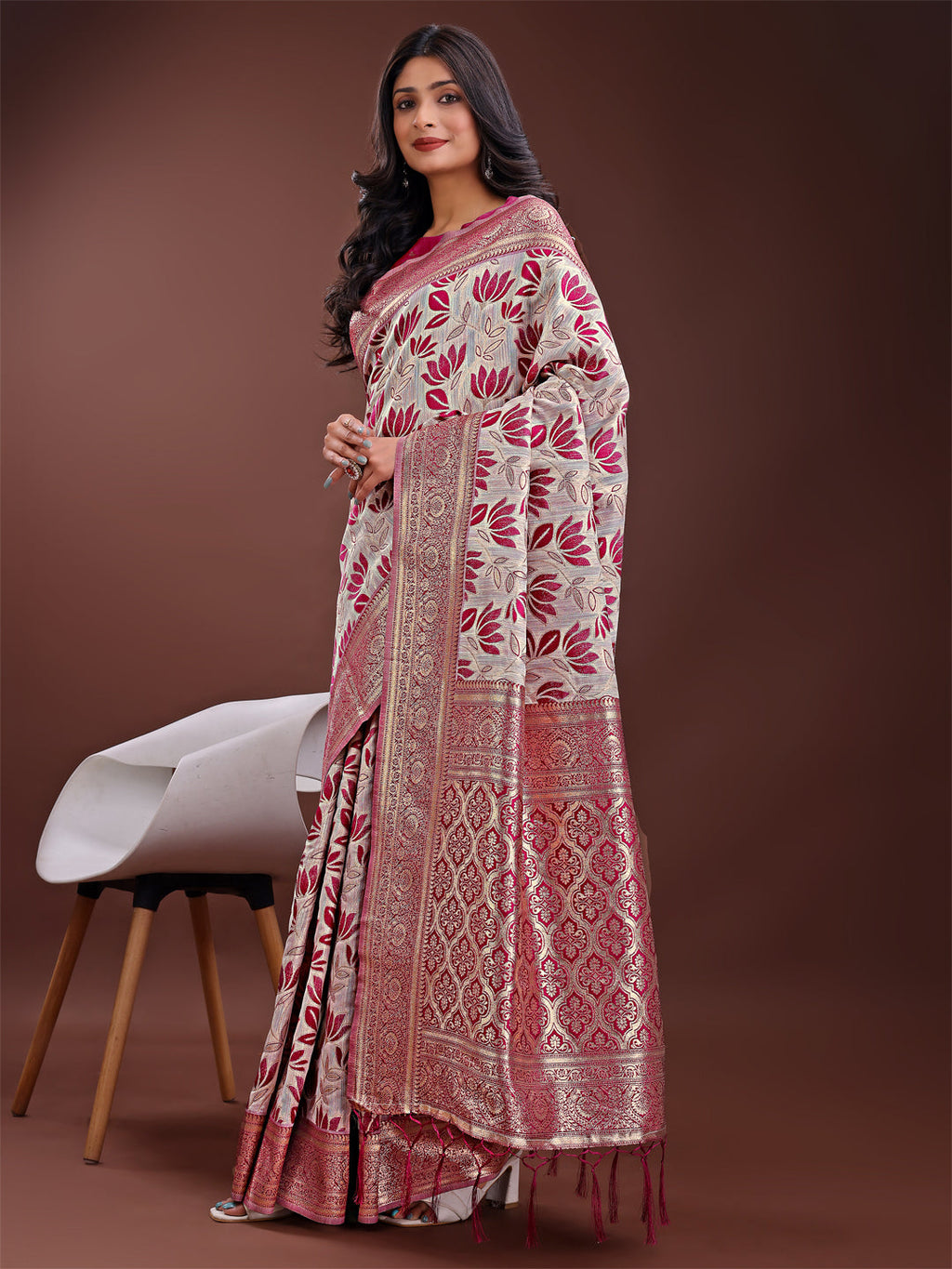 Shree Shyam Fashion Stunning Beige & Purple Linen Saree with Floral Print and Rich Zari Pallu - Festive & Traditional Wear