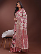 Shree Shyam Fashion Stunning Beige & Purple Linen Saree with Floral Print and Rich Zari Pallu - Festive & Traditional Wear
