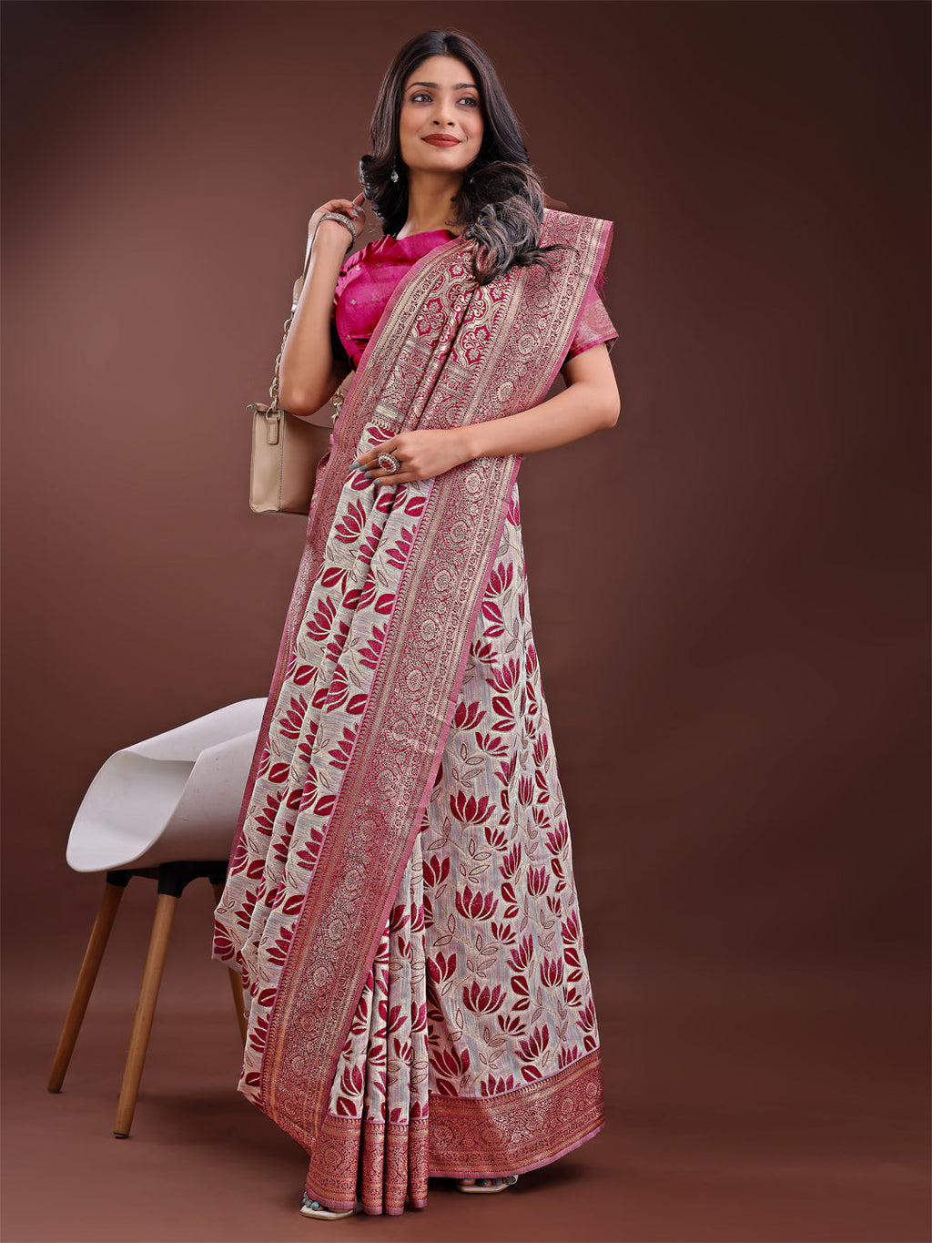 Shree Shyam Fashion Stunning Beige & Purple Linen Saree with Floral Print and Rich Zari Pallu - Festive & Traditional Wear