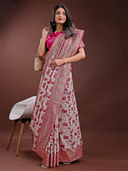 Shree Shyam Fashion Stunning Beige & Purple Linen Saree with Floral Print and Rich Zari Pallu - Festive & Traditional Wear