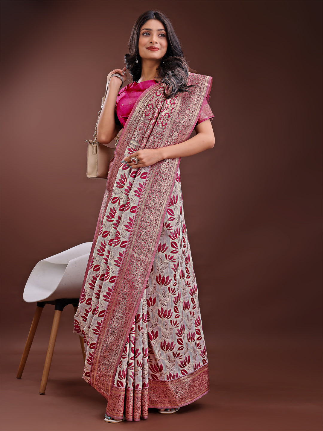 Shree Shyam Fashion Stunning Beige & Purple Linen Saree with Floral Print and Rich Zari Pallu - Festive & Traditional Wear