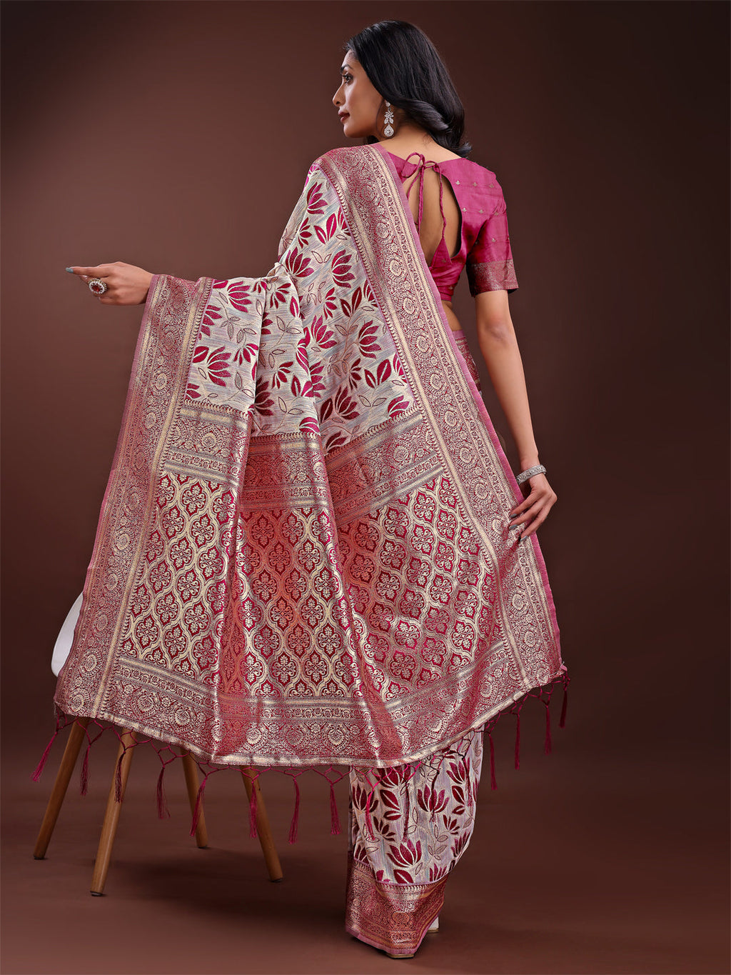 Shree Shyam Fashion Stunning Beige & Purple Linen Saree with Floral Print and Rich Zari Pallu - Festive & Traditional Wear