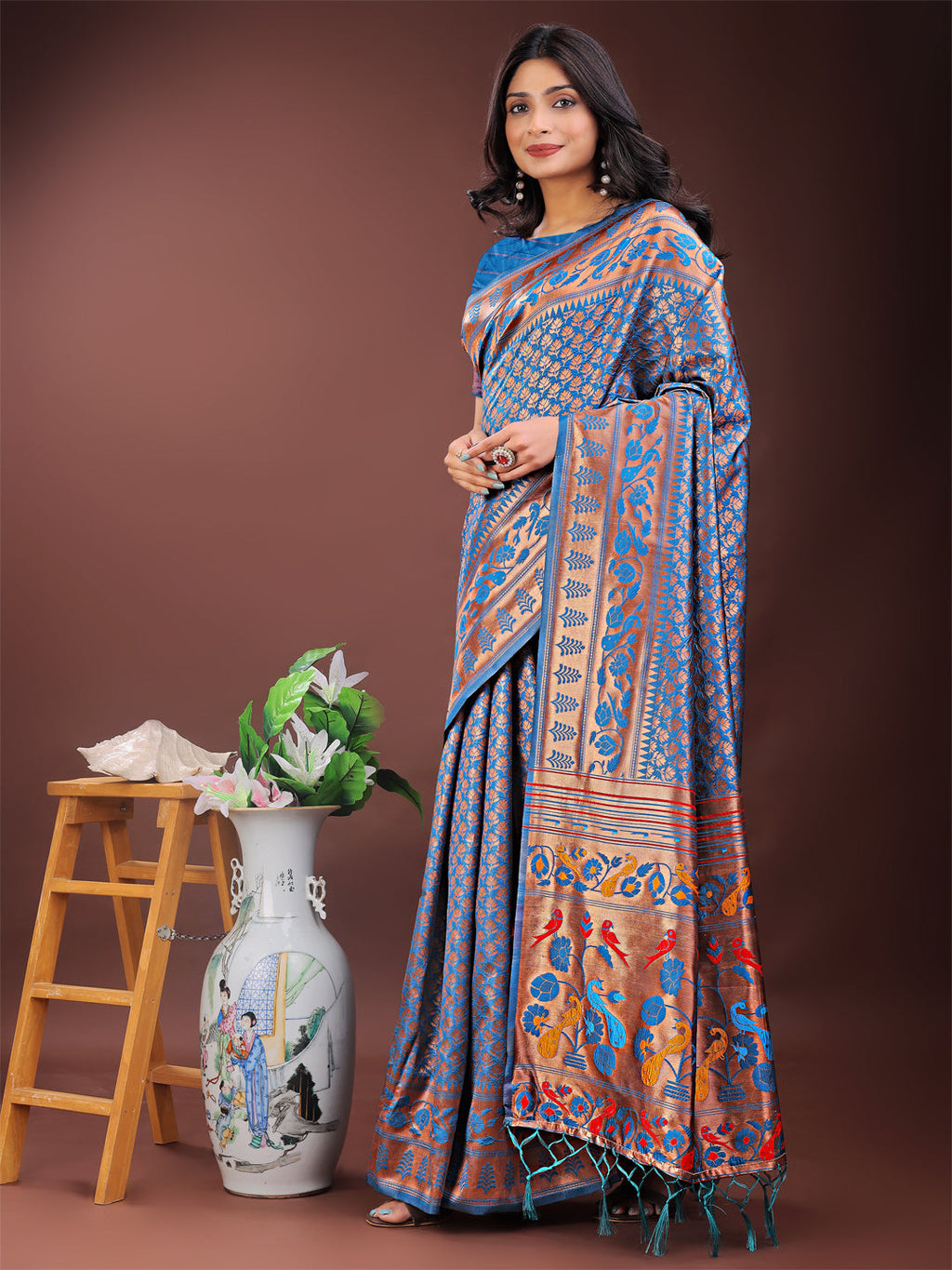 Shree Shyam Fashion Vibrant Copper & Blue Banarasi Silk Saree with Colorful Pallu - Perfect Blend of Tradition and Festive Elegance