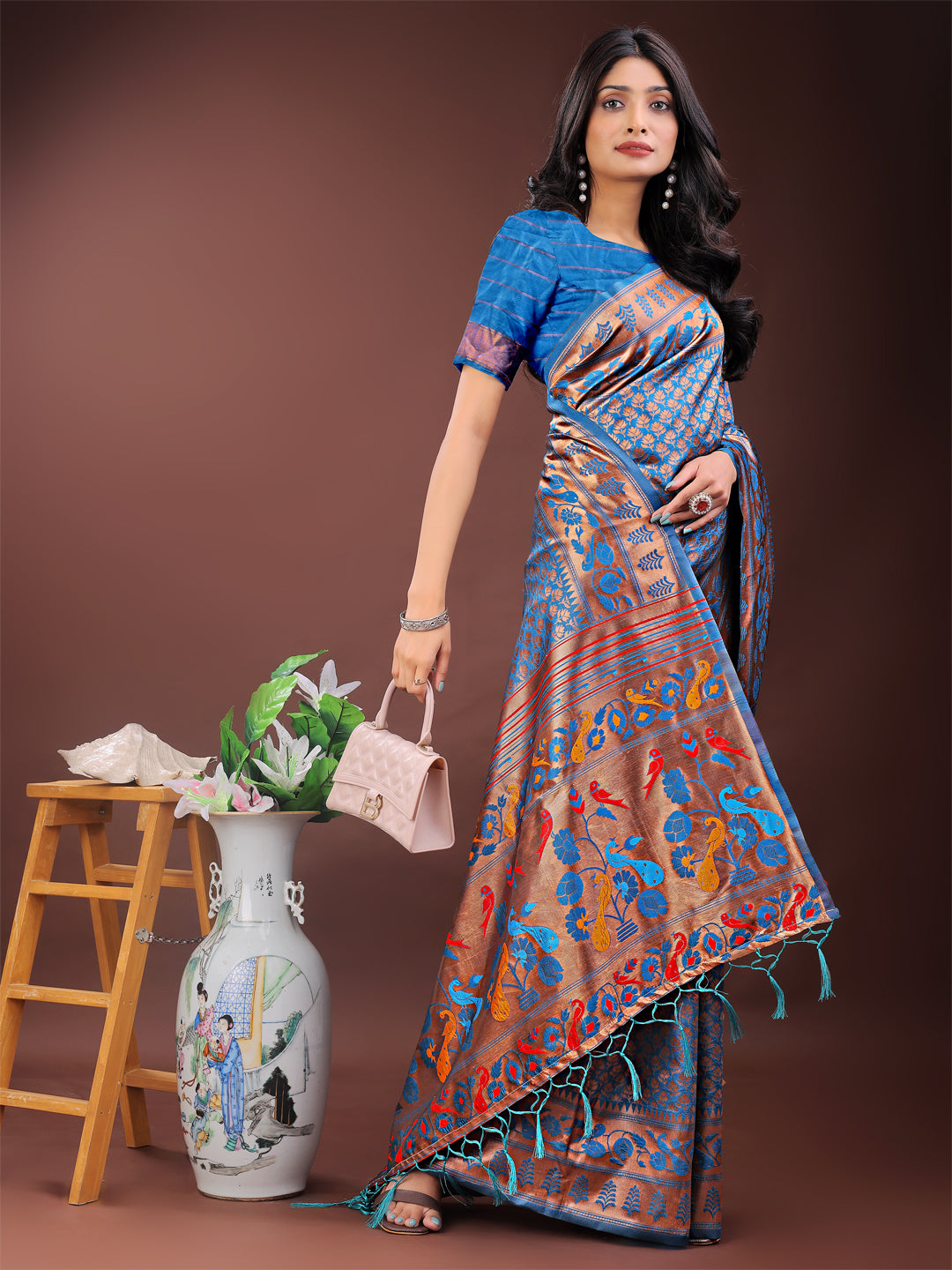 Shree Shyam Fashion Vibrant Copper & Blue Banarasi Silk Saree with Colorful Pallu - Perfect Blend of Tradition and Festive Elegance