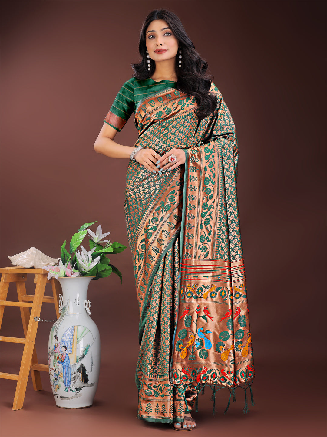 Shree Shyam Fashion Vibrant Copper & Green Banarasi Silk Saree with Colorful Pallu - Perfect Blend of Tradition and Festive Elegance