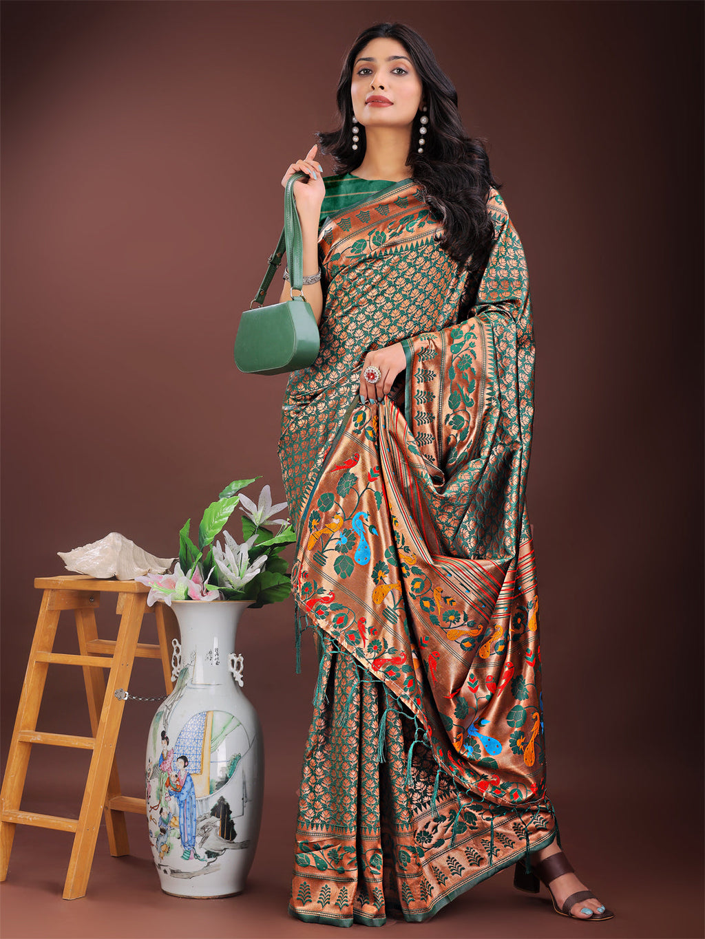 Shree Shyam Fashion Vibrant Copper & Green Banarasi Silk Saree with Colorful Pallu - Perfect Blend of Tradition and Festive Elegance