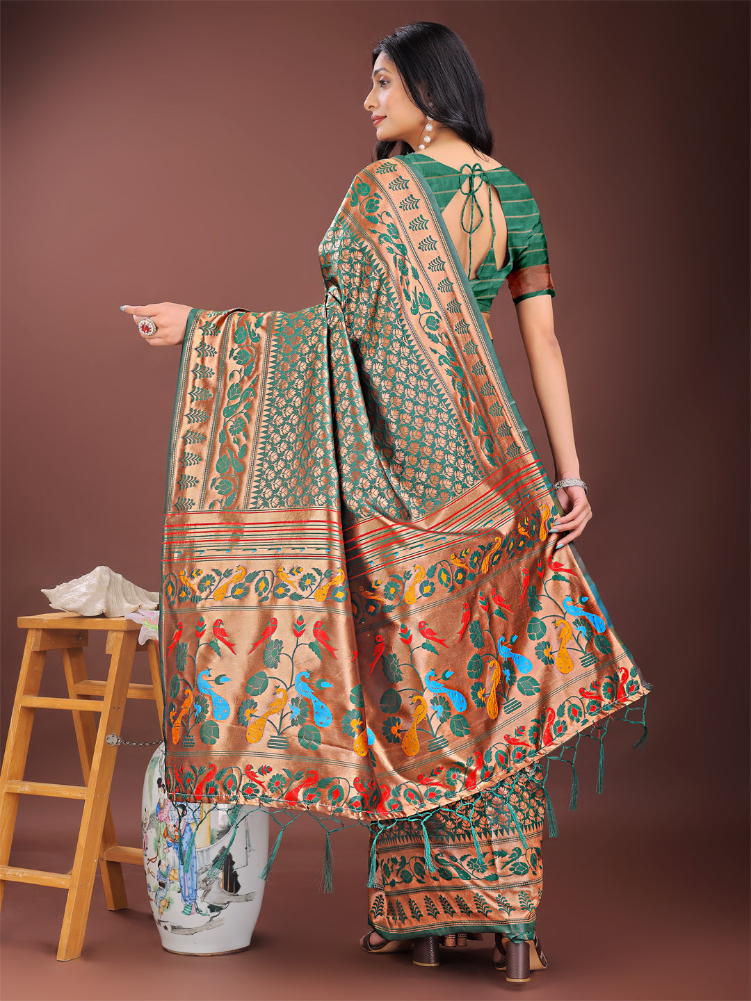 Shree Shyam Fashion Vibrant Copper & Green Banarasi Silk Saree with Colorful Pallu - Perfect Blend of Tradition and Festive Elegance