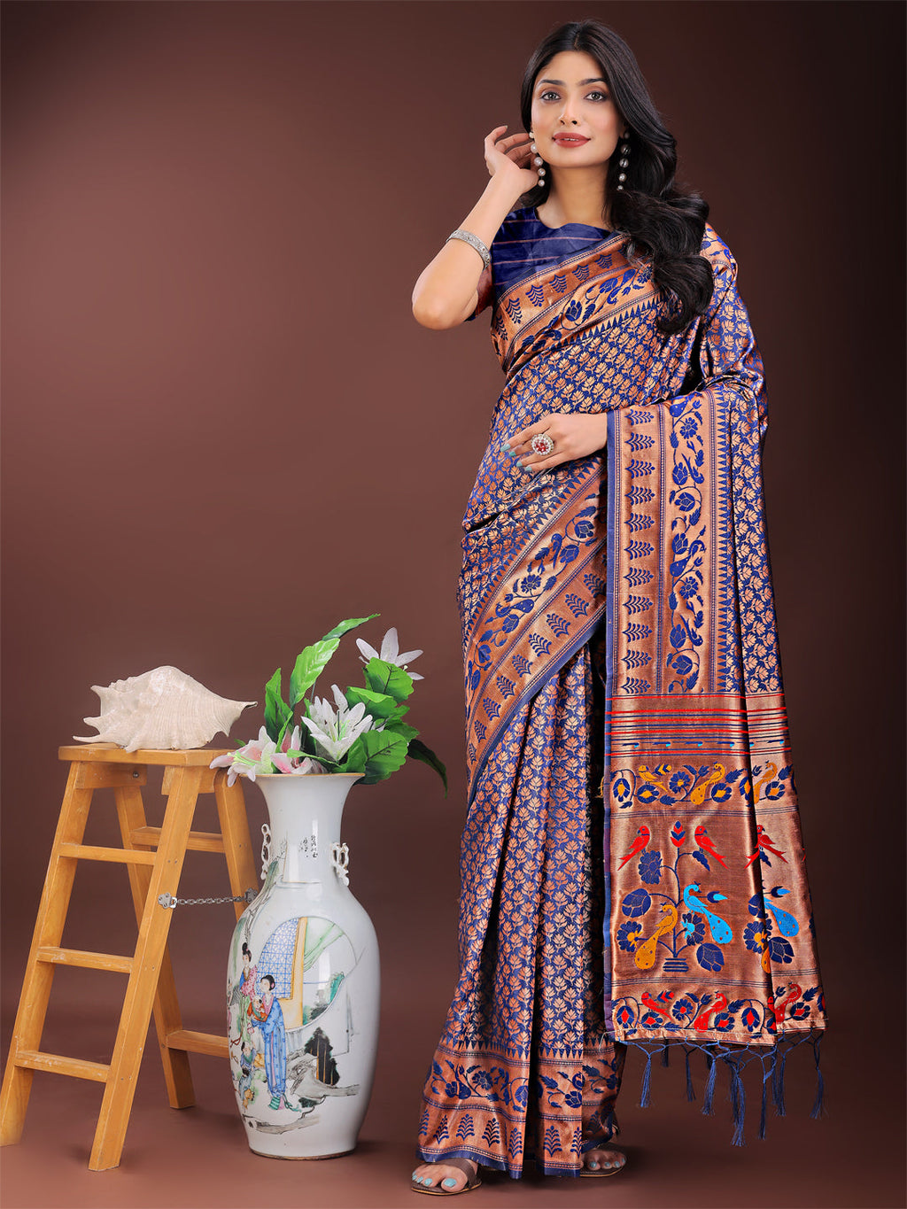 Shree Shyam Fashion Vibrant Copper & Navy Blue Banarasi Silk Saree with Colorful Pallu - Perfect Blend of Tradition and Festive Elegance