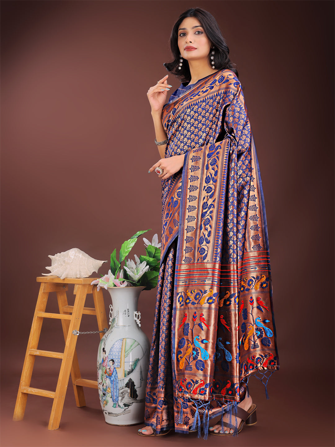 Shree Shyam Fashion Vibrant Copper & Navy Blue Banarasi Silk Saree with Colorful Pallu - Perfect Blend of Tradition and Festive Elegance
