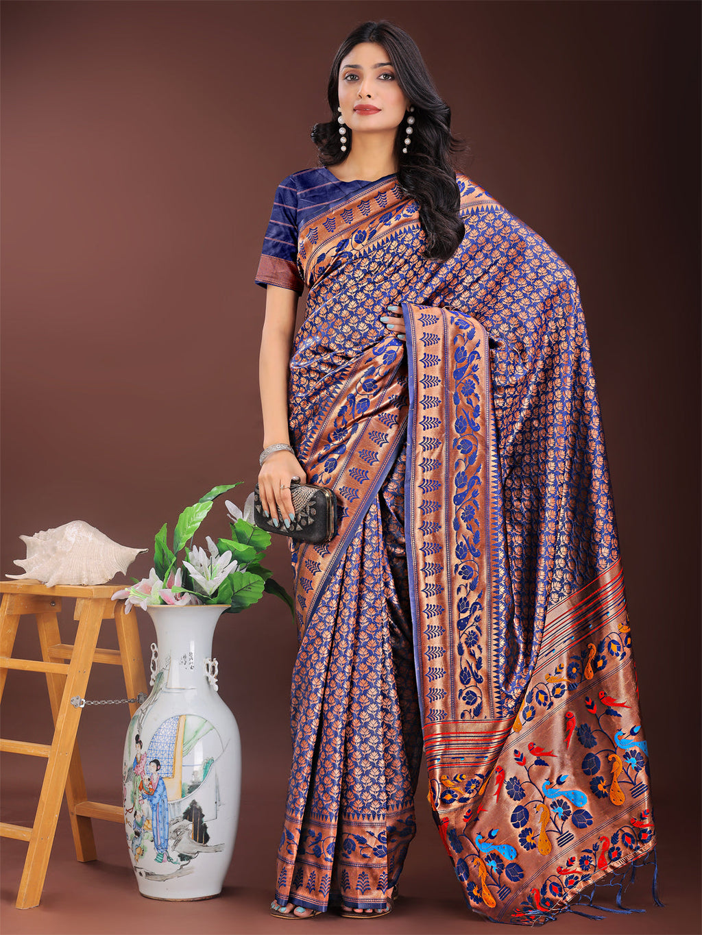 Shree Shyam Fashion Vibrant Copper & Navy Blue Banarasi Silk Saree with Colorful Pallu - Perfect Blend of Tradition and Festive Elegance