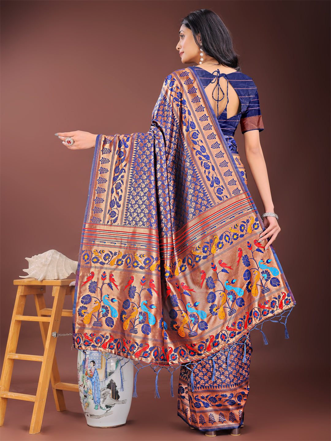 Shree Shyam Fashion Vibrant Copper & Navy Blue Banarasi Silk Saree with Colorful Pallu - Perfect Blend of Tradition and Festive Elegance