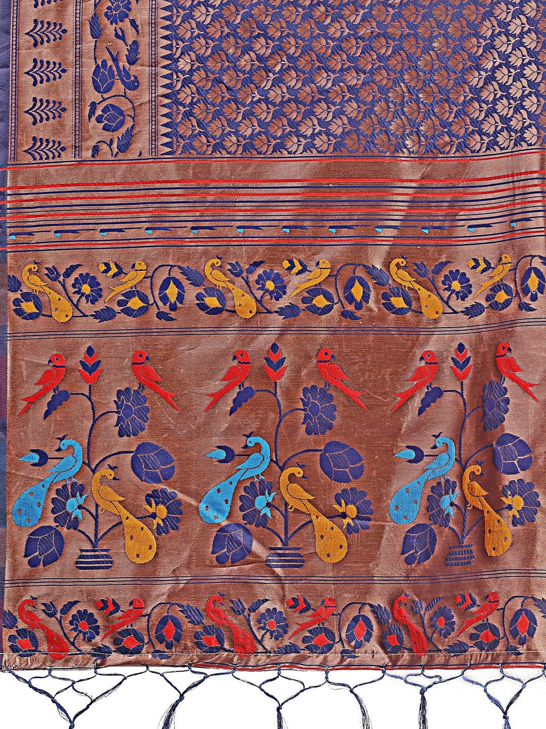Shree Shyam Fashion Vibrant Copper & Navy Blue Banarasi Silk Saree with Colorful Pallu - Perfect Blend of Tradition and Festive Elegance