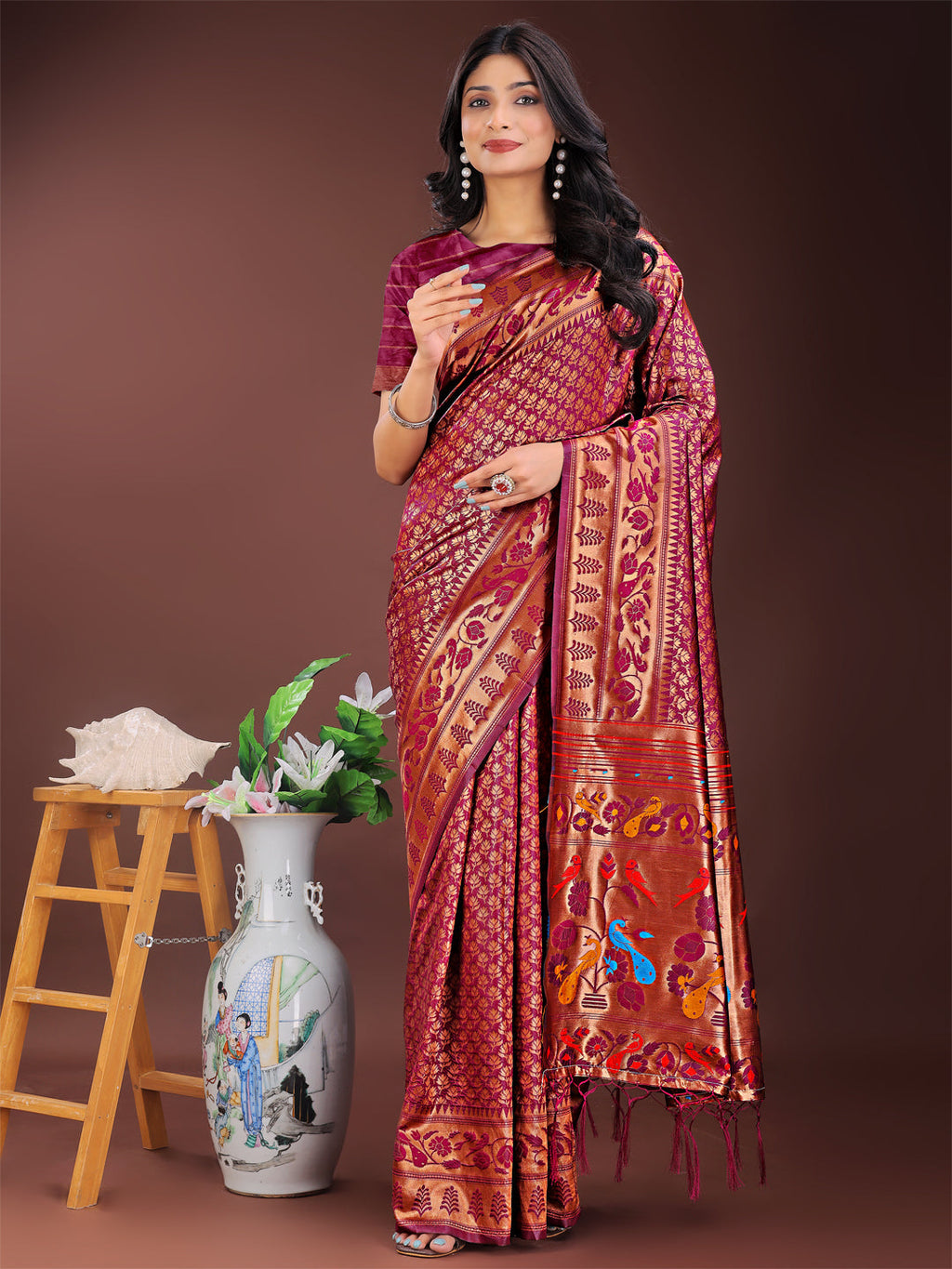Shree Shyam Fashion Vibrant Copper & Magenta Banarasi Silk Saree with Colorful Pallu - Perfect Blend of Tradition and Festive Elegance