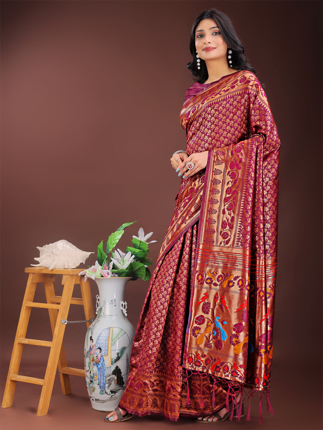 Shree Shyam Fashion Vibrant Copper & Magenta Banarasi Silk Saree with Colorful Pallu - Perfect Blend of Tradition and Festive Elegance