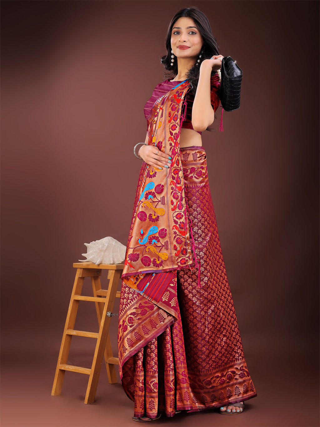 Shree Shyam Fashion Vibrant Copper & Magenta Banarasi Silk Saree with Colorful Pallu - Perfect Blend of Tradition and Festive Elegance