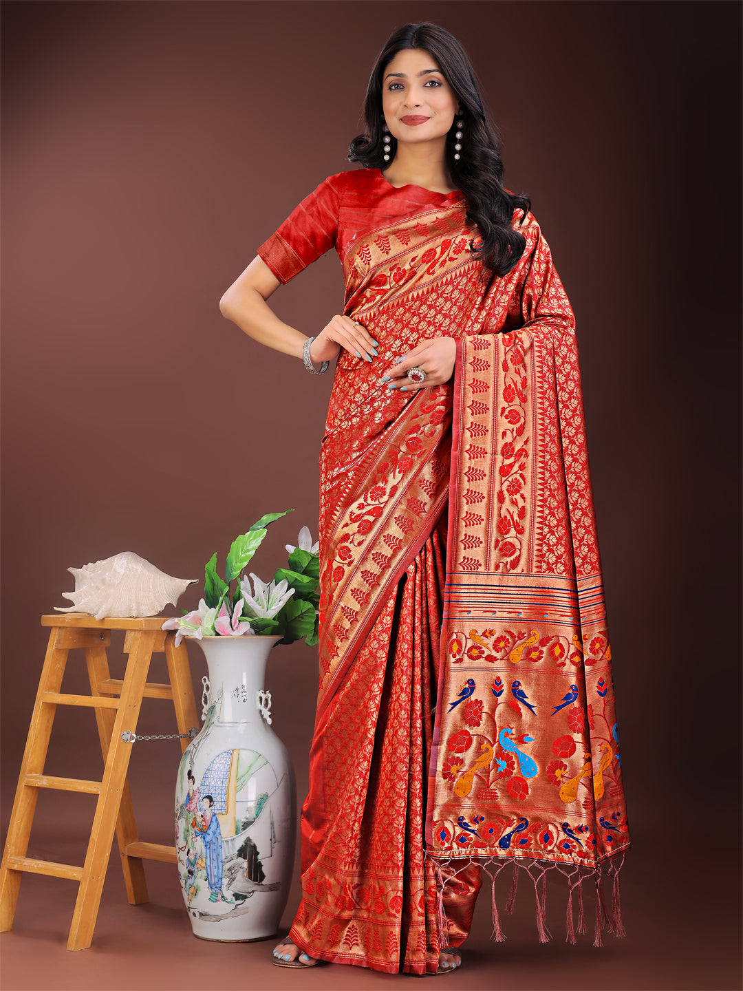 Shree Shyam Fashion Vibrant Copper & Red Banarasi Silk Saree with Colorful Pallu - Perfect Blend of Tradition and Festive Elegance