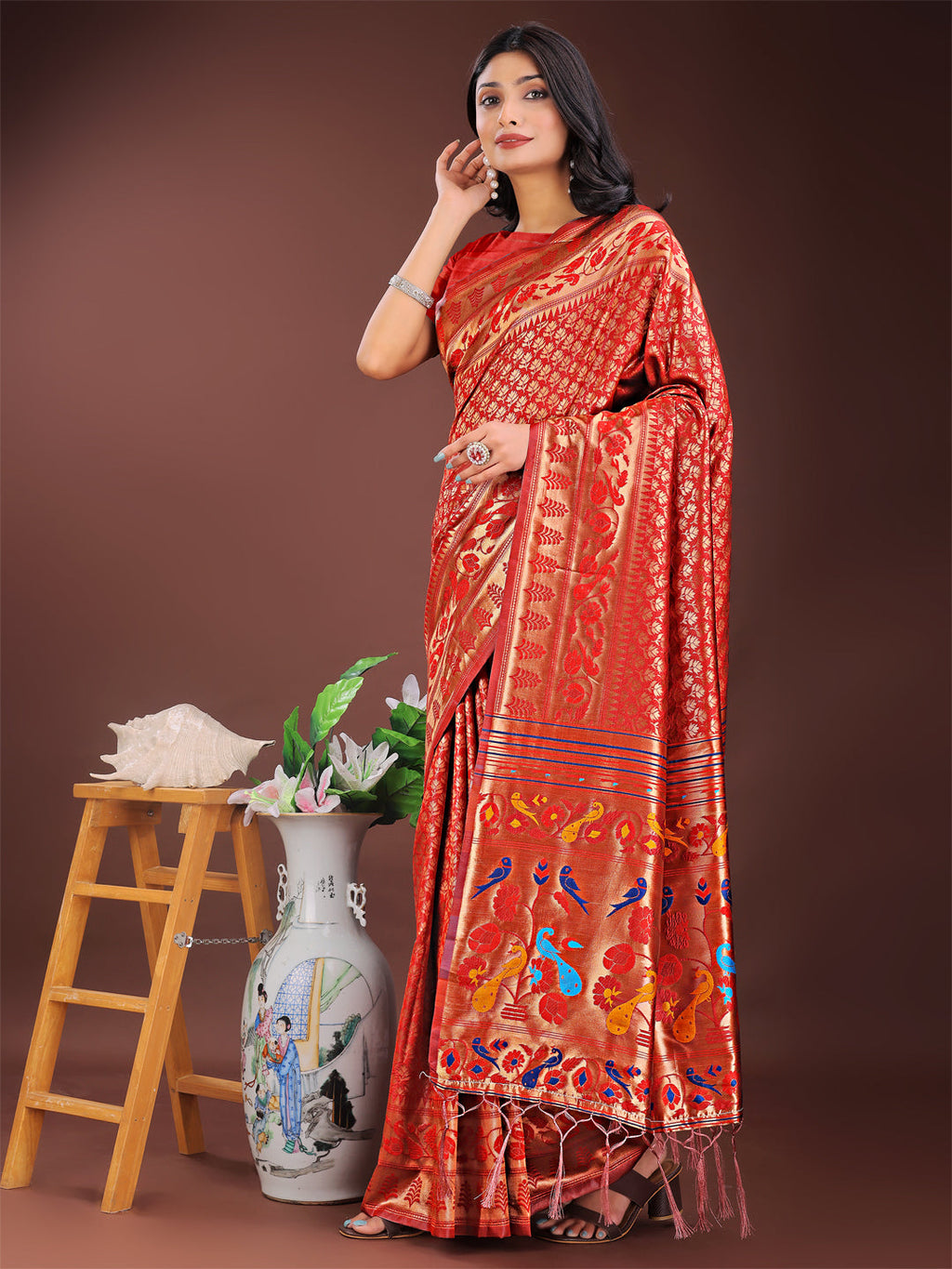 Shree Shyam Fashion Vibrant Copper & Red Banarasi Silk Saree with Colorful Pallu - Perfect Blend of Tradition and Festive Elegance