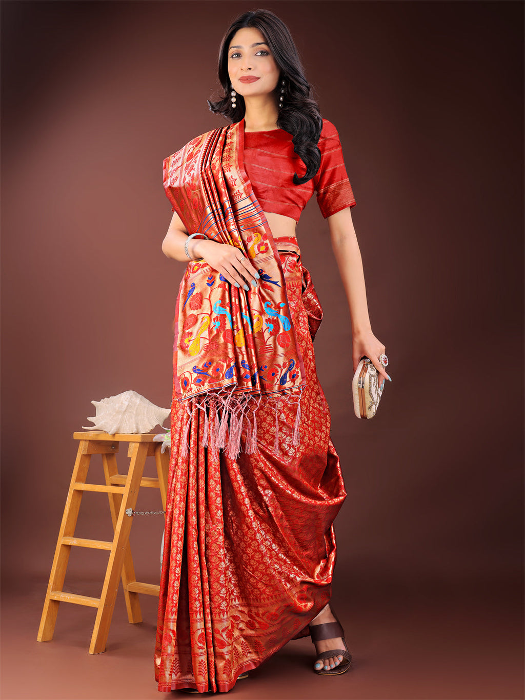 Shree Shyam Fashion Vibrant Copper & Red Banarasi Silk Saree with Colorful Pallu - Perfect Blend of Tradition and Festive Elegance
