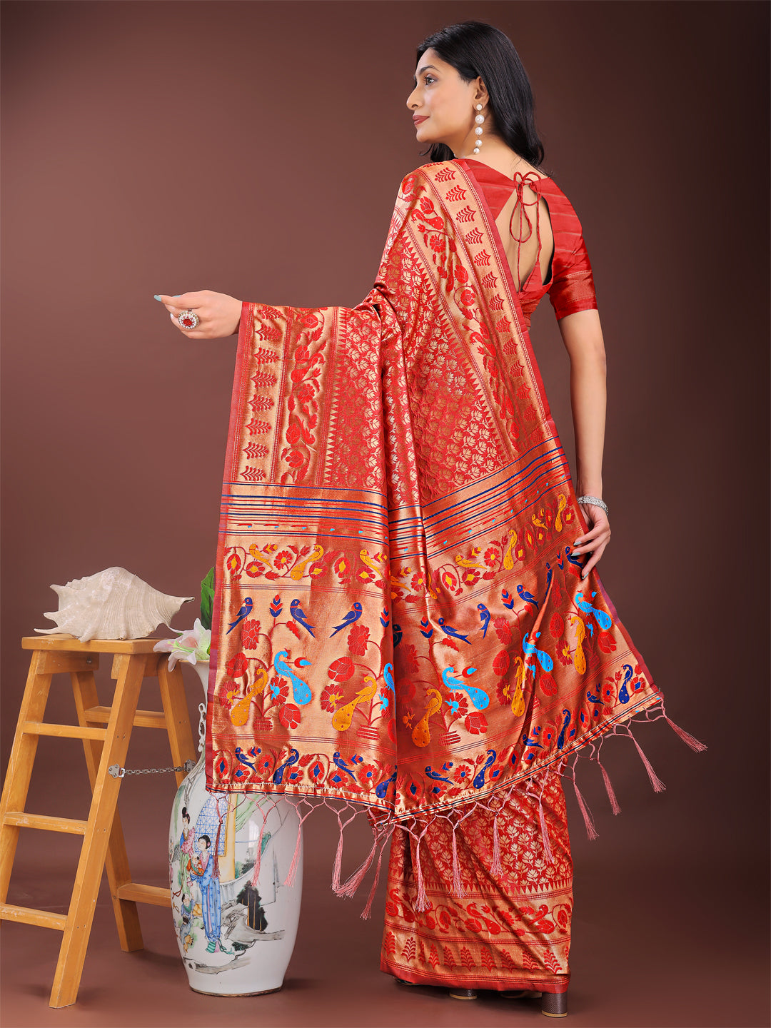 Shree Shyam Fashion Vibrant Copper & Red Banarasi Silk Saree with Colorful Pallu - Perfect Blend of Tradition and Festive Elegance