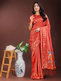 Shree Shyam Fashion Fiery Red Banarasi Silk Saree with Gold Zari and Colorful Pallu - Perfect for Bridal,Wedding & Festive Glamour