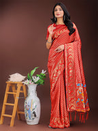 Shree Shyam Fashion Fiery Red Banarasi Silk Saree with Gold Zari and Colorful Pallu - Perfect for Bridal,Wedding & Festive Glamour