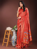 Shree Shyam Fashion Fiery Red Banarasi Silk Saree with Gold Zari and Colorful Pallu - Perfect for Bridal,Wedding & Festive Glamour