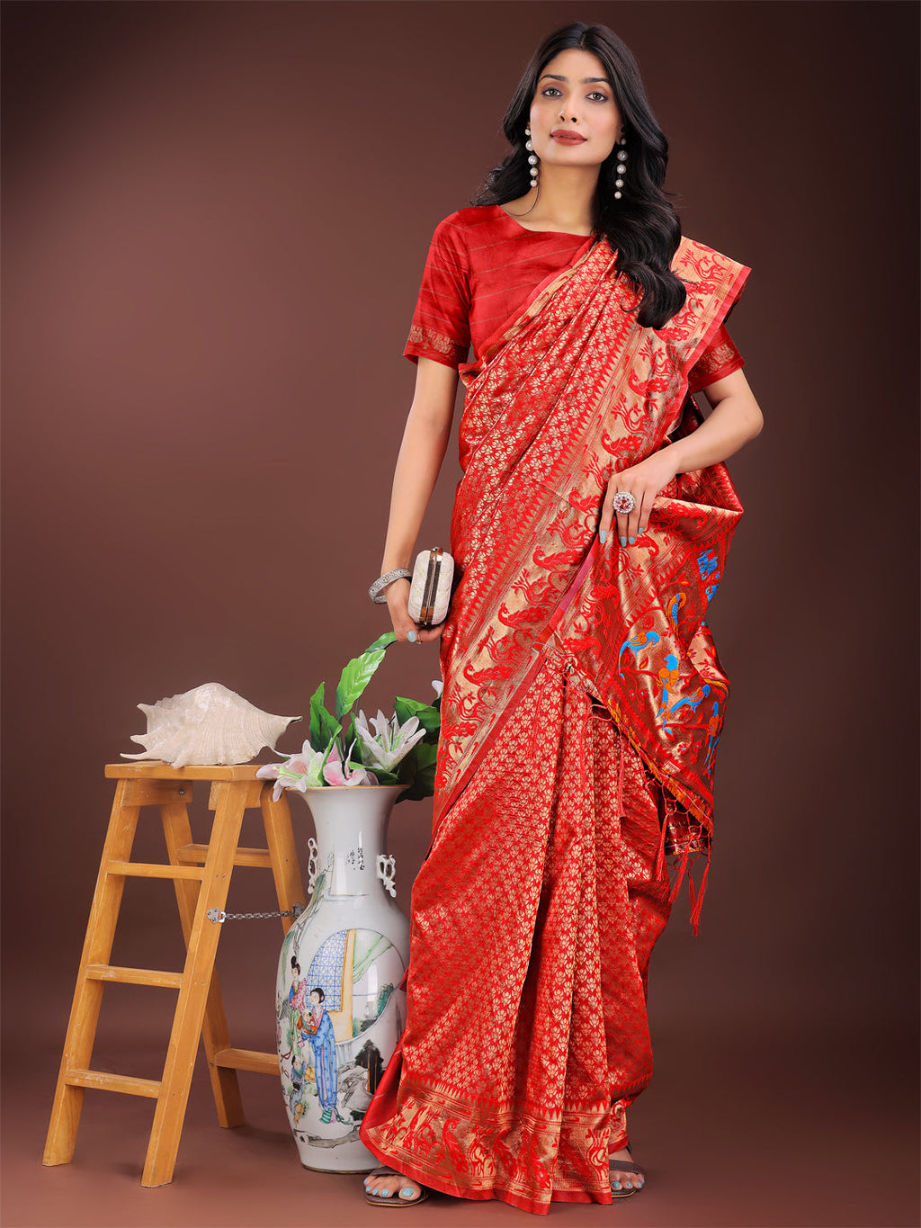 Shree Shyam Fashion Fiery Red Banarasi Silk Saree with Gold Zari and Colorful Pallu - Perfect for Bridal,Wedding & Festive Glamour
