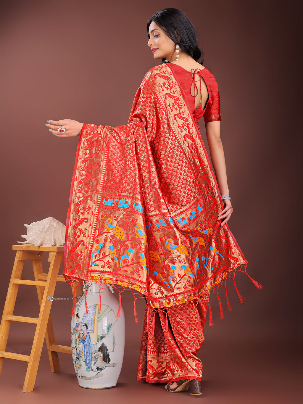 Shree Shyam Fashion Fiery Red Banarasi Silk Saree with Gold Zari and Colorful Pallu - Perfect for Bridal,Wedding & Festive Glamour