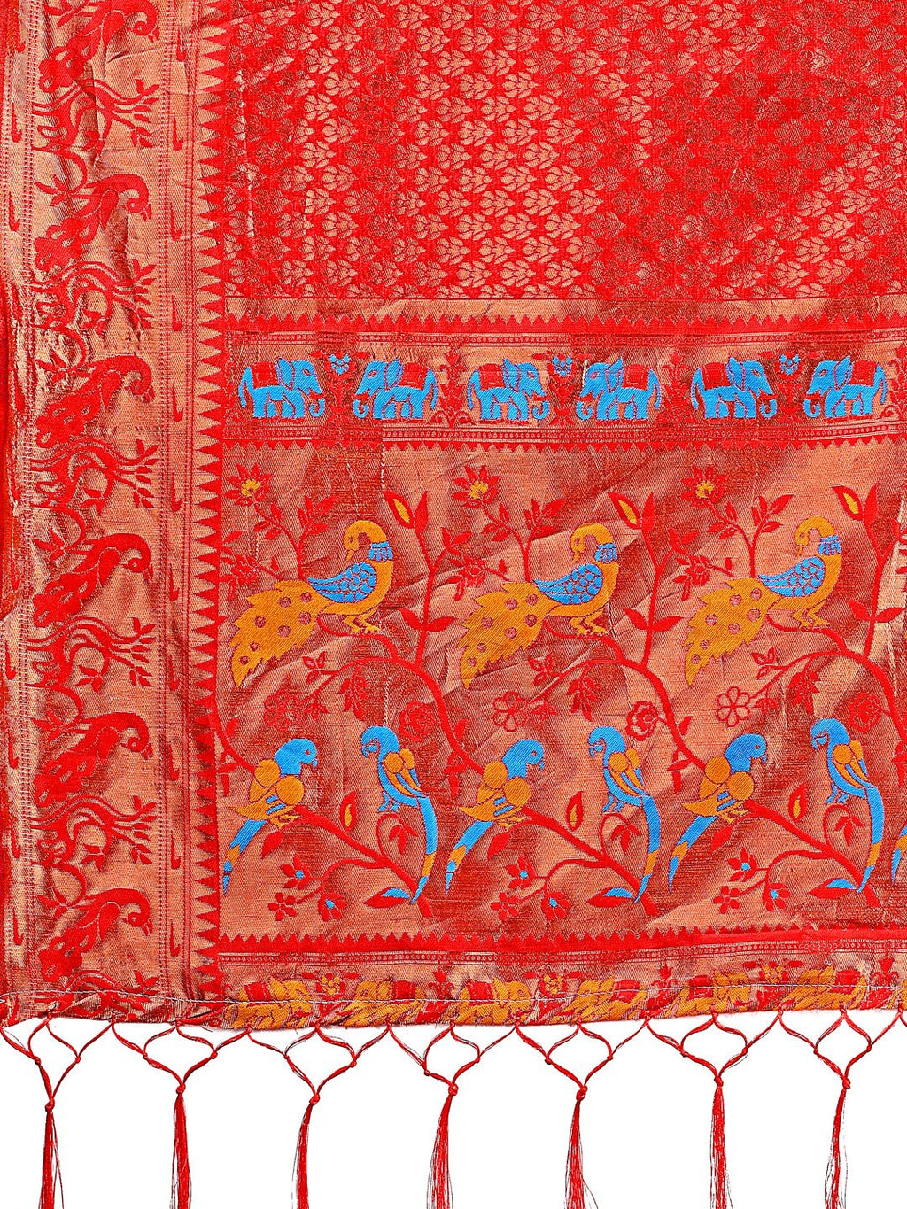 Shree Shyam Fashion Fiery Red Banarasi Silk Saree with Gold Zari and Colorful Pallu - Perfect for Bridal,Wedding & Festive Glamour