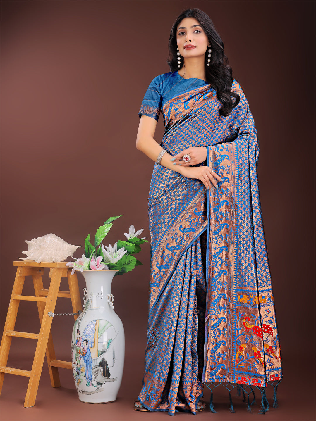 Shree Shyam Fashion Fiery Blue Banarasi Silk Saree with Gold Zari and Colorful Pallu - Perfect for Bridal,Wedding & Festive Glamour