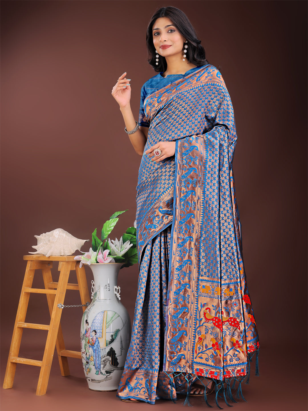 Shree Shyam Fashion Fiery Blue Banarasi Silk Saree with Gold Zari and Colorful Pallu - Perfect for Bridal,Wedding & Festive Glamour