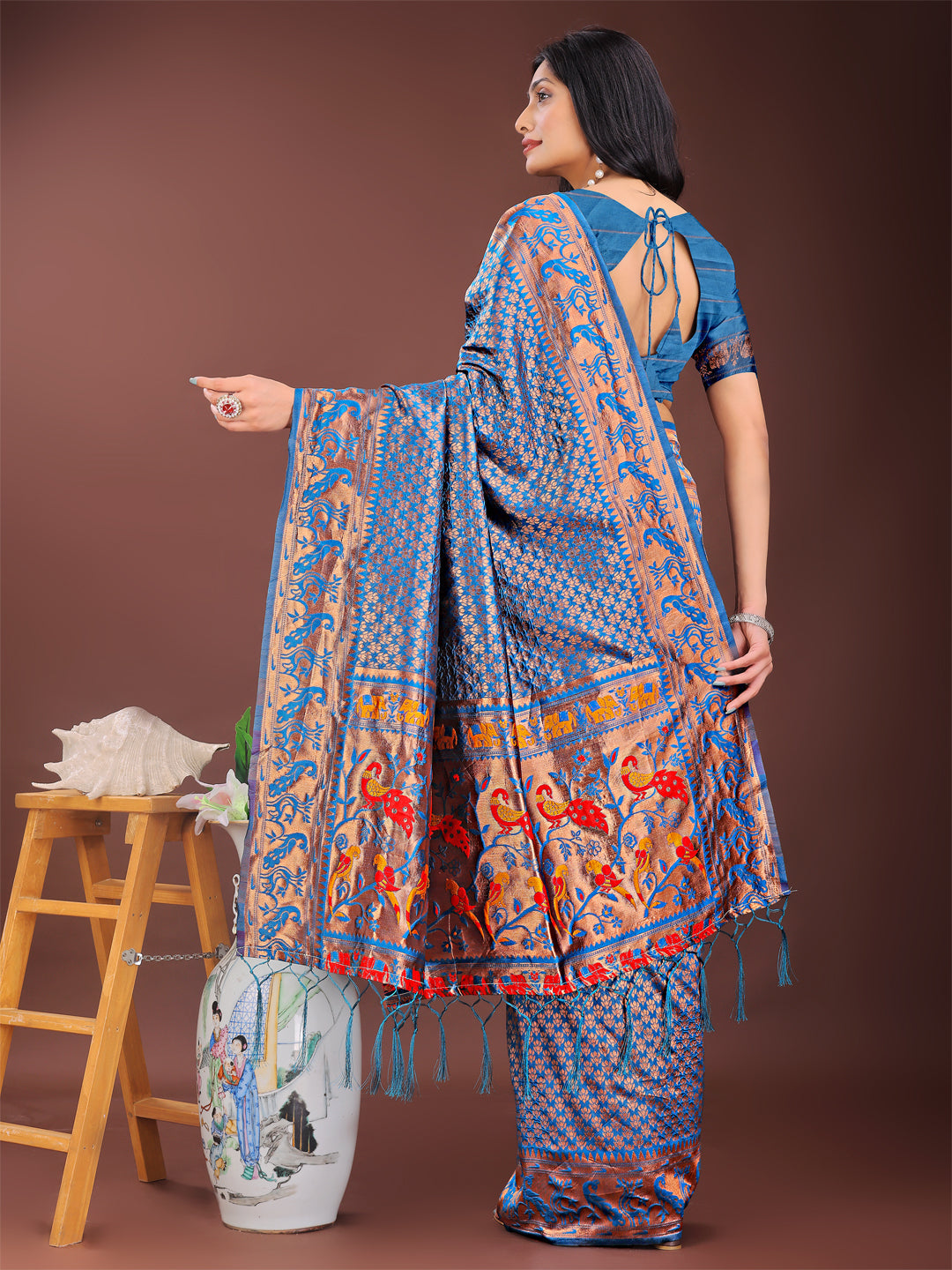 Shree Shyam Fashion Fiery Blue Banarasi Silk Saree with Gold Zari and Colorful Pallu - Perfect for Bridal,Wedding & Festive Glamour