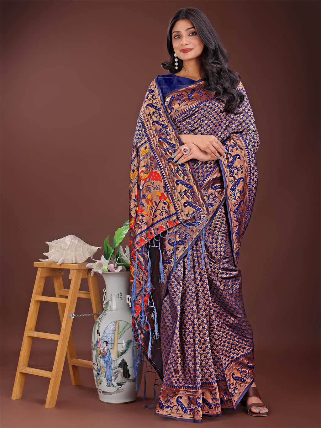 Shree Shyam Fashion Fiery Navy Blue Banarasi Silk Saree with Gold Zari and Colorful Pallu - Perfect for Bridal,Wedding & Festive Glamour