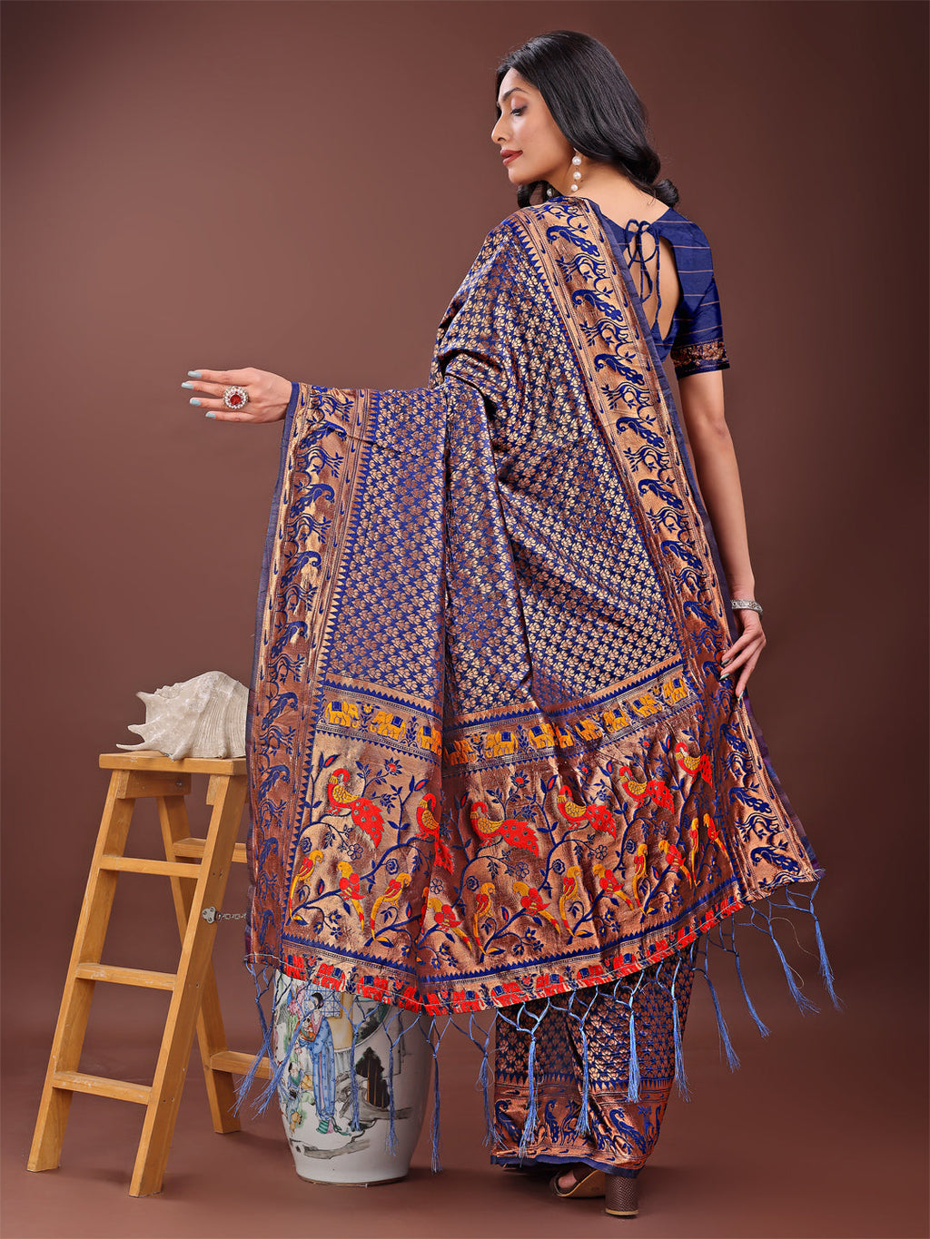 Shree Shyam Fashion Fiery Navy Blue Banarasi Silk Saree with Gold Zari and Colorful Pallu - Perfect for Bridal,Wedding & Festive Glamour