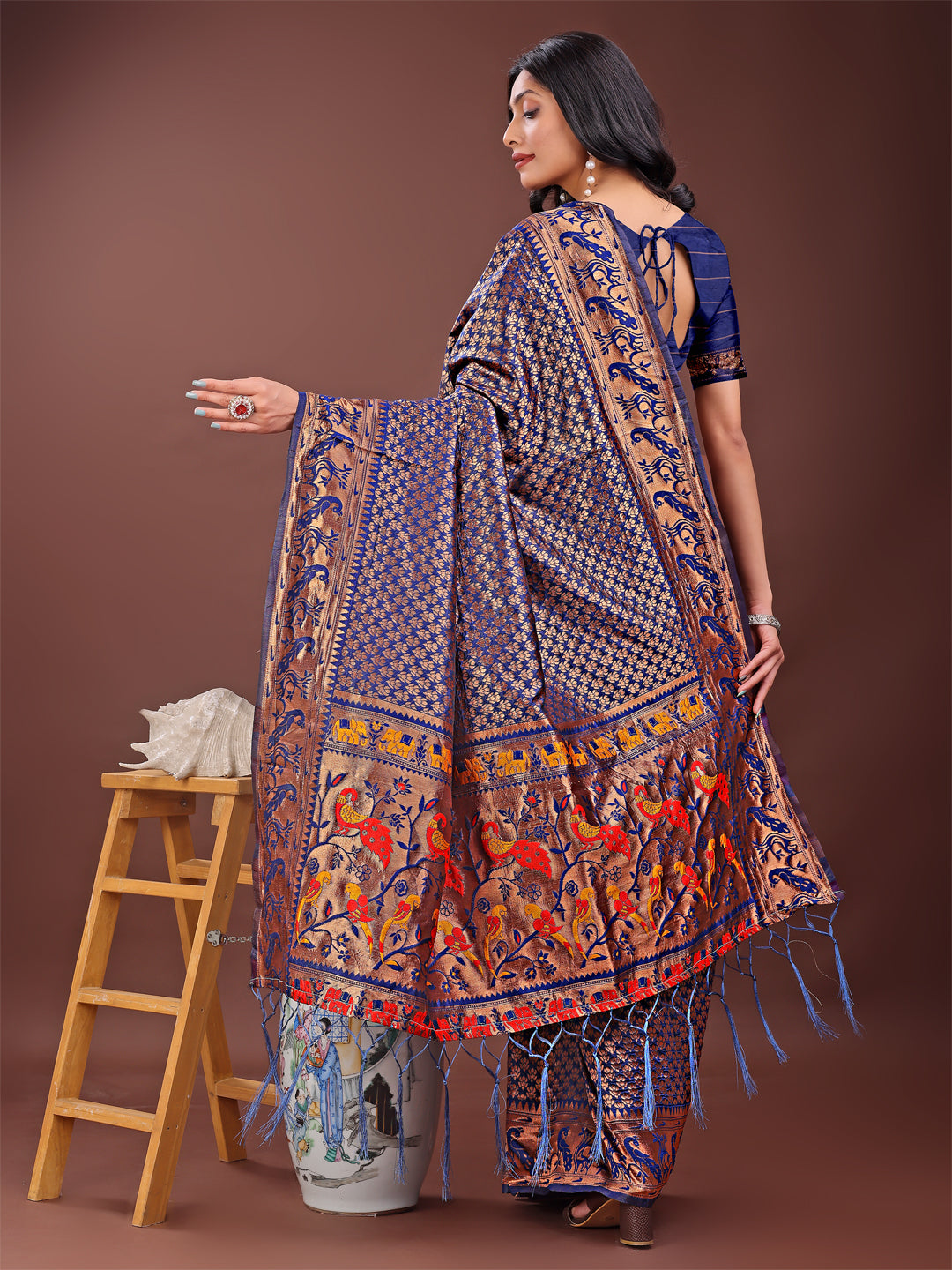 Shree Shyam Fashion Fiery Navy Blue Banarasi Silk Saree with Gold Zari and Colorful Pallu - Perfect for Bridal,Wedding & Festive Glamour