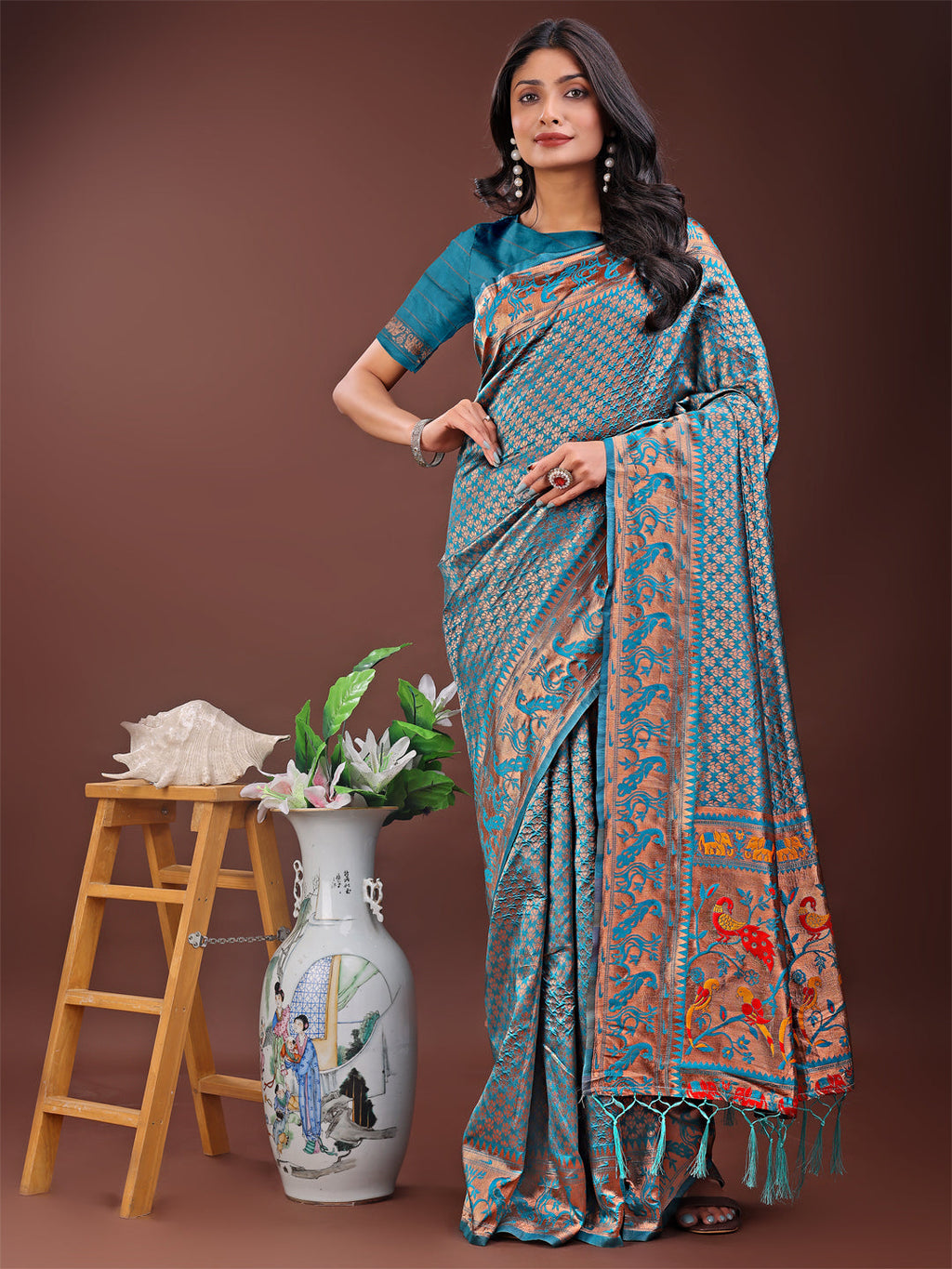 Shree Shyam Fashion Fiery Sea Green Banarasi Silk Saree with Gold Zari and Colorful Pallu - Perfect for Bridal,Wedding & Festive Glamour