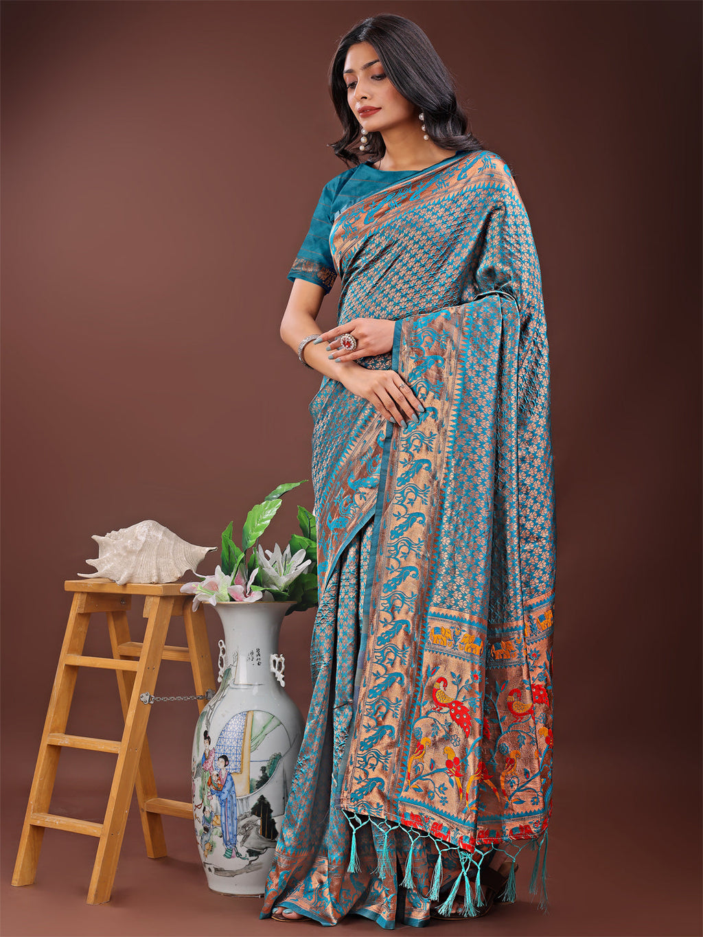 Shree Shyam Fashion Fiery Sea Green Banarasi Silk Saree with Gold Zari and Colorful Pallu - Perfect for Bridal,Wedding & Festive Glamour