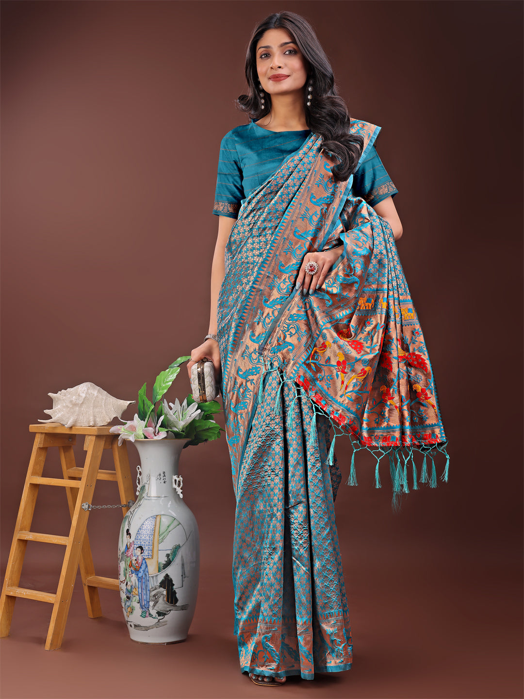 Shree Shyam Fashion Fiery Sea Green Banarasi Silk Saree with Gold Zari and Colorful Pallu - Perfect for Bridal,Wedding & Festive Glamour