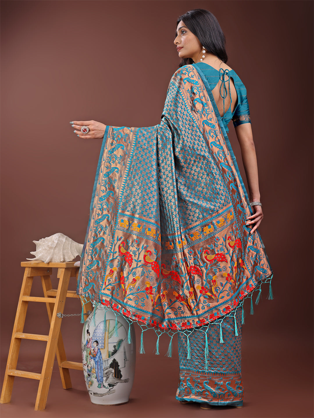 Shree Shyam Fashion Fiery Sea Green Banarasi Silk Saree with Gold Zari and Colorful Pallu - Perfect for Bridal,Wedding & Festive Glamour