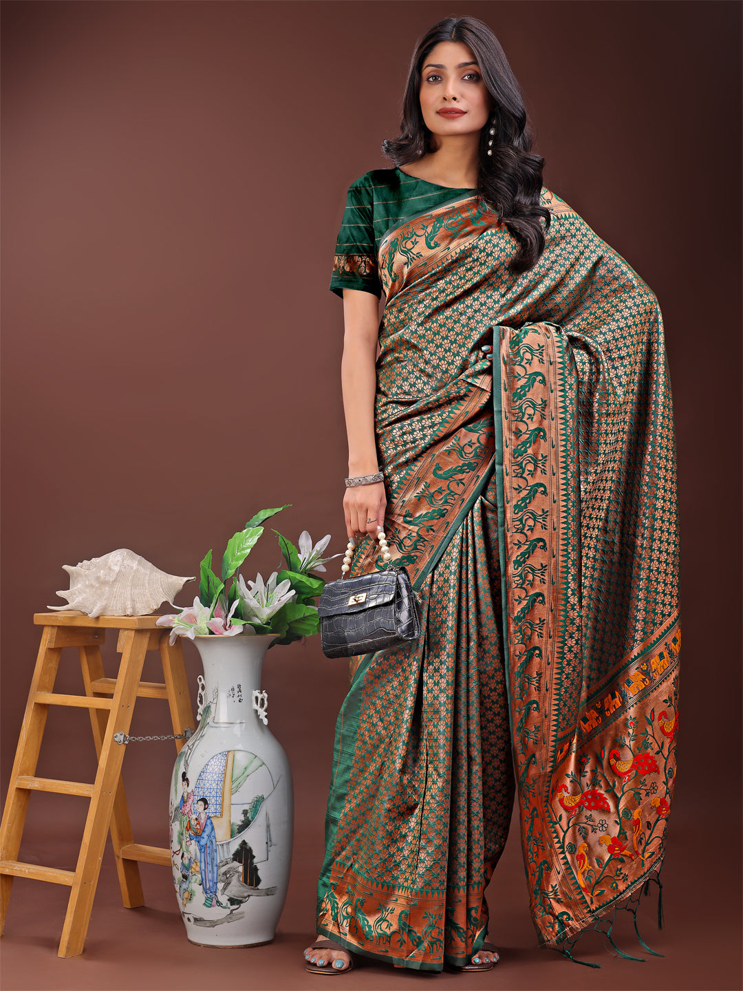 Shree Shyam Fashion Fiery Green Banarasi Silk Saree with Gold Zari and Colorful Pallu - Perfect for Bridal,Wedding & Festive Glamour